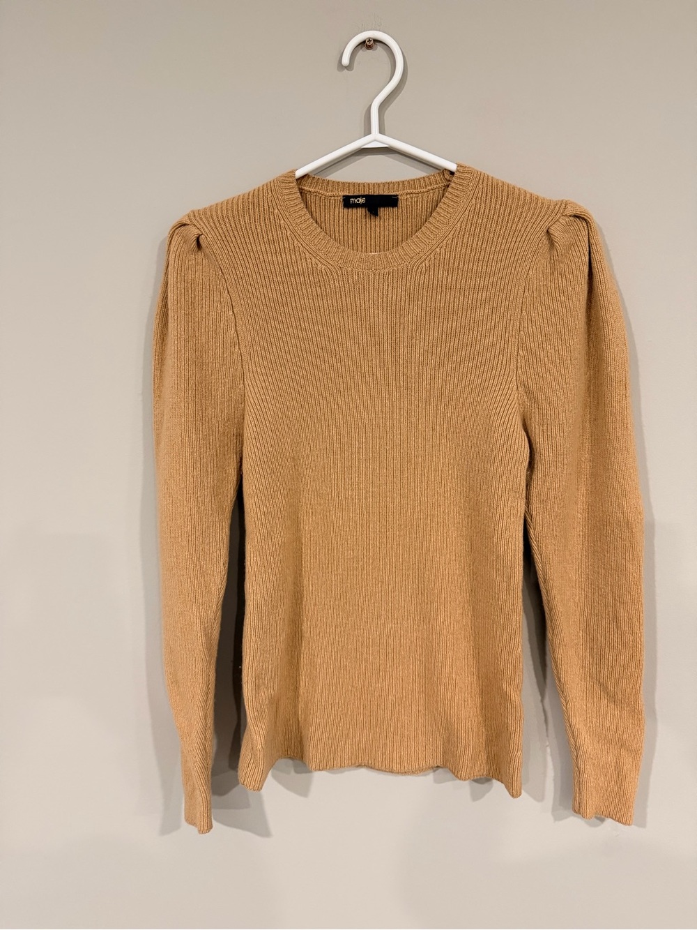 Maje Ribbed Sweater with Puffed Shoulders